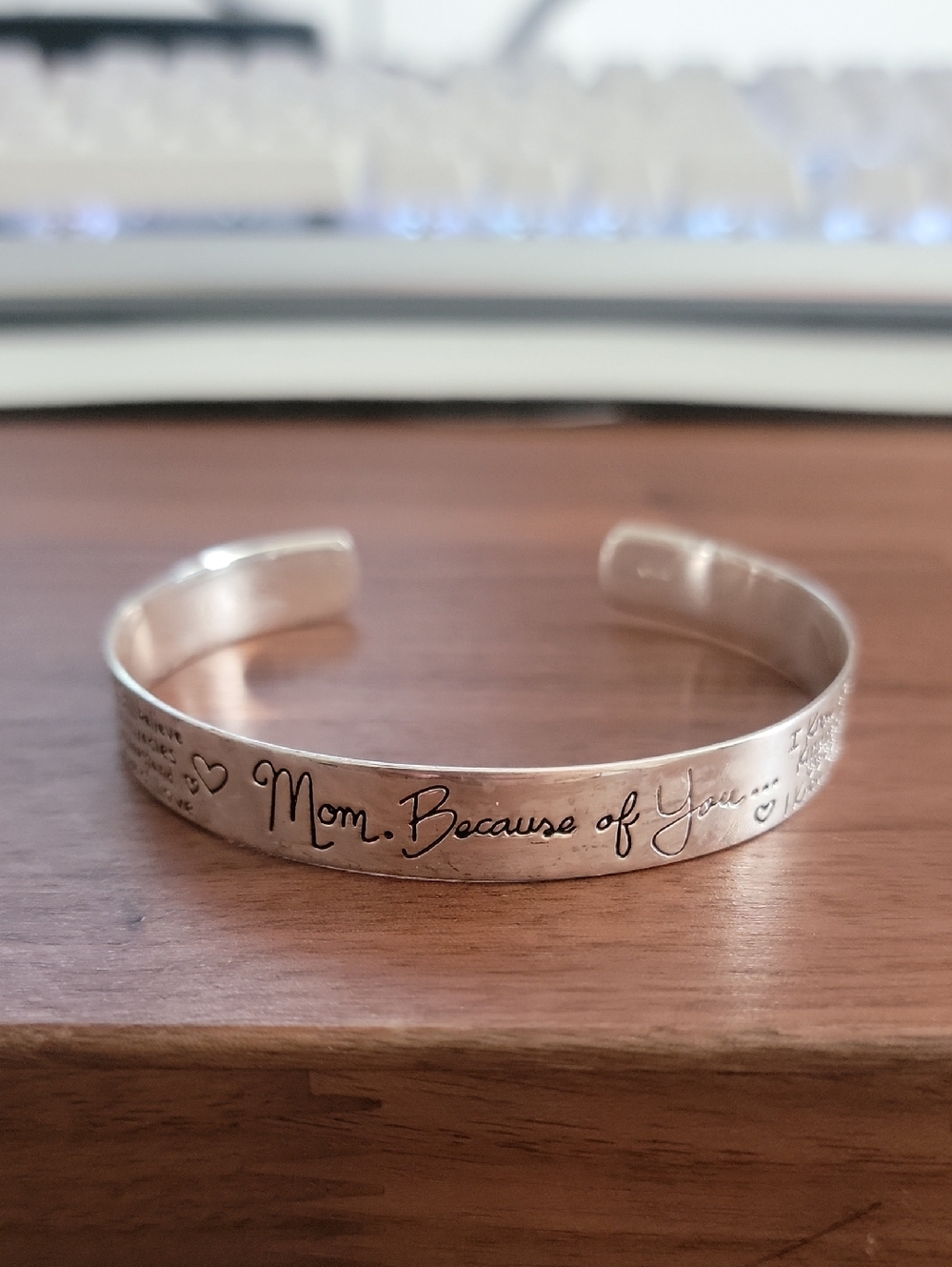 Engraved 'Mom. Because of You...' Sterling Silver Cuff Bracelet Mothers Day